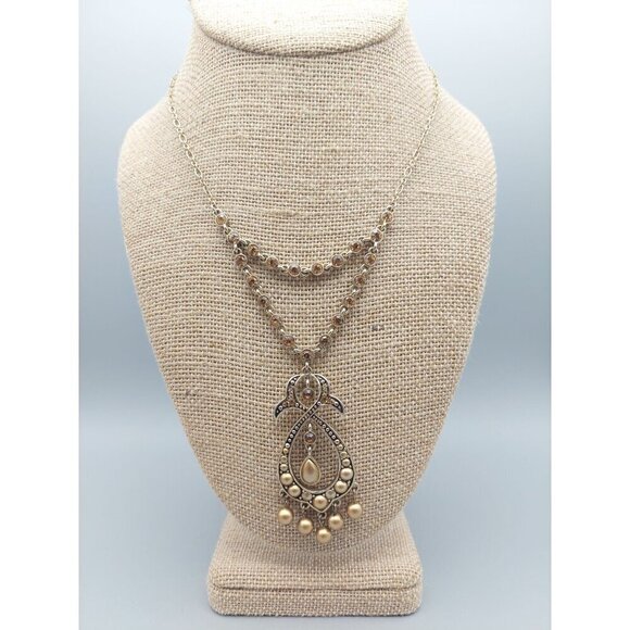 Cute Amber Glass Crystal Gold Tone Pendant Necklace Statement 18" Collar MINT - Picture 5 of 7